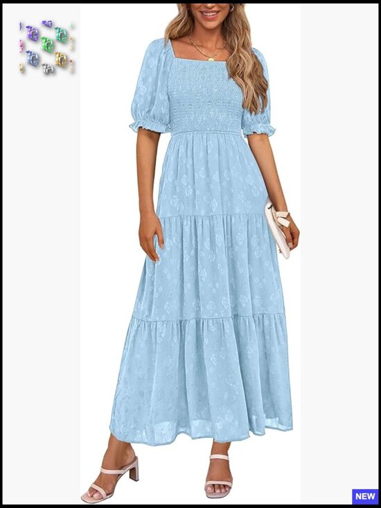 Dresses & Skirts - Floral Smocked Midi Dress Square Neck Boho Elegant Summer Casual Flowy